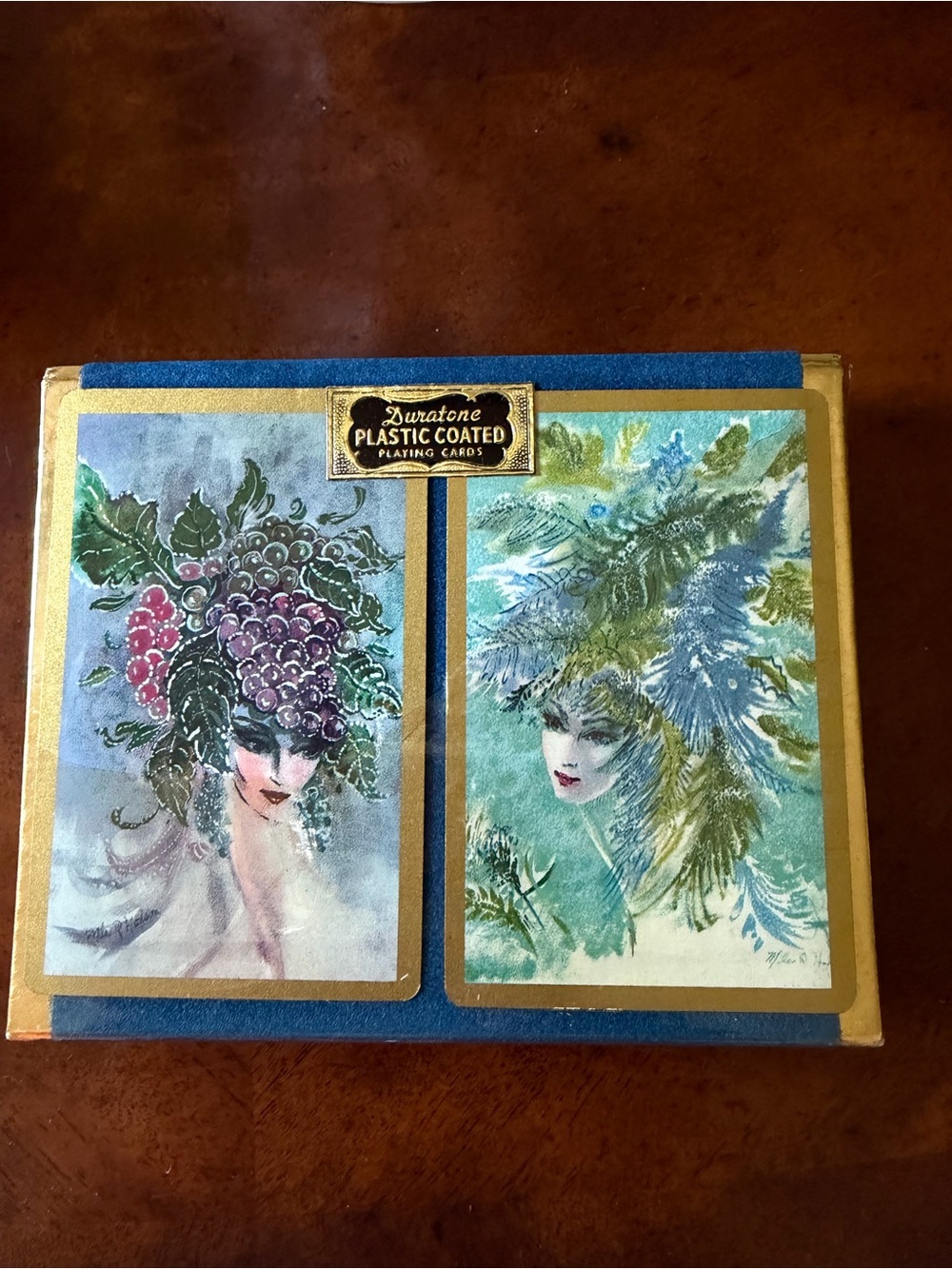 Durratone Plastic Coated Playing Cards - Vintage Art Deck Ladies / Fl (Blue/Gold